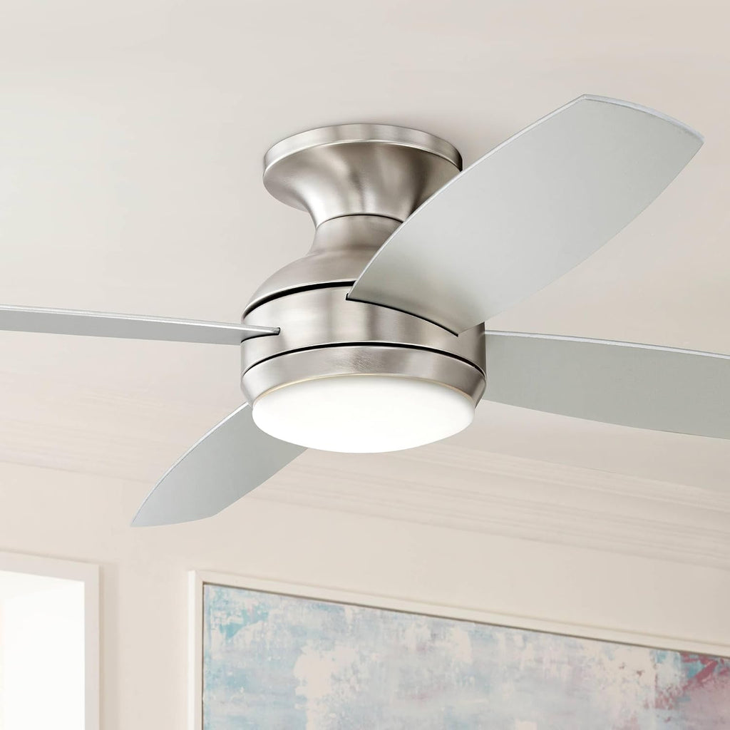 Casa Vieja 52' Elite Modern Industrial Hugger Low Profile Indoor Ceiling Fan with LED Light Remote Control Brushed Nickel Silver Blades House Bedroom Family Living Room Home Kitchen Dining