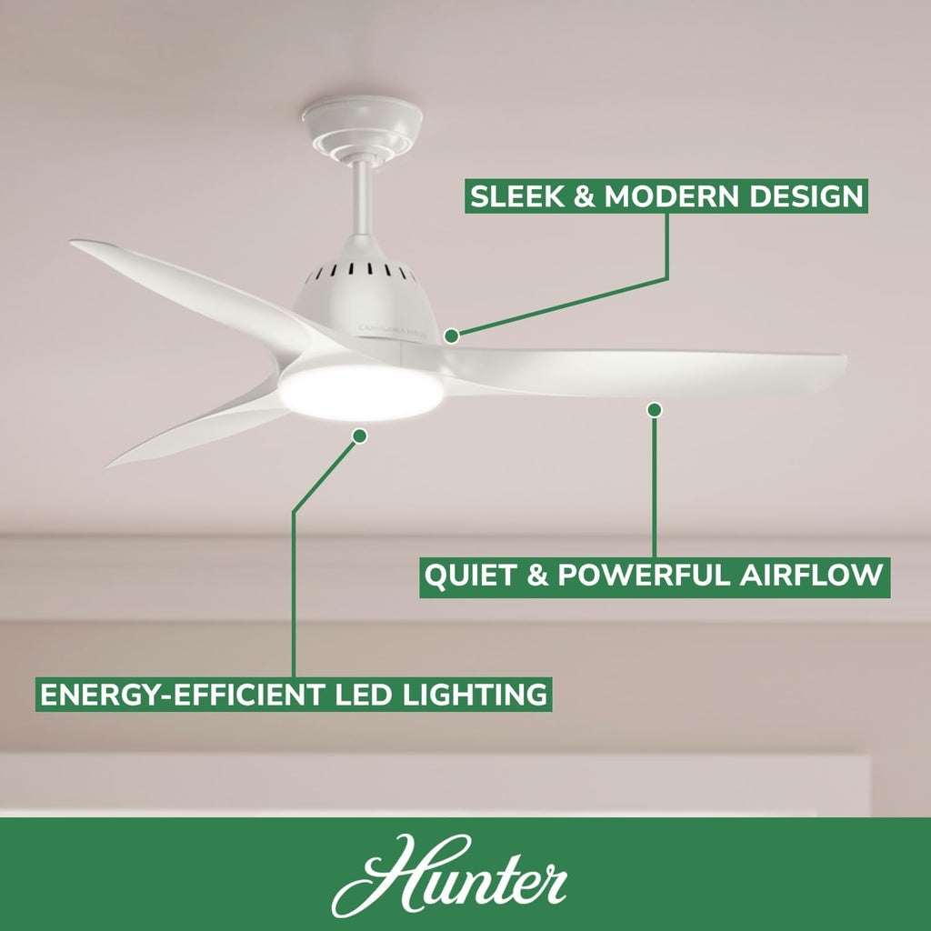Casablanca 52 inch Indoor Ceiling Fan with LED Light and Remote Control - Standard Mount White Ceiling Fan, 3 Blades, For Bedroom, Living Room, or Kitchen, Quiet - Wisp 59284, Fresh White