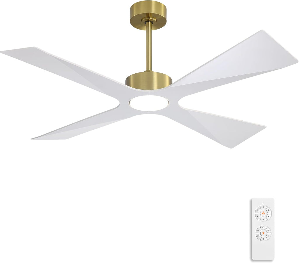 WINGBO 54' Wet Rated Outdoor Ceiling Fan with Lights, 4 ABS Plastic Blades, Reversible DC Motor, 6-Speed Remote Control, 3 CCT, Waterproof Ceiling Fan for Patio Porch Gazebo Garage, Brass and White