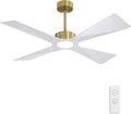 WINGBO 54' Wet Rated Outdoor Ceiling Fan with Lights, 4 ABS Plastic Blades, Reversible DC Motor, 6-Speed Remote Control, 3 CCT, Waterproof Ceiling Fan for Patio Porch Gazebo Garage, Brass and White
