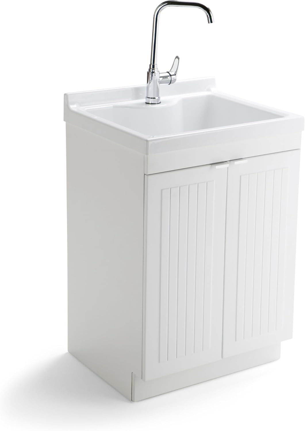 SIMPLIHOME Murphy All-in-One 24 inch Wide Utility Sink and Laundry Cabinet in Pure White Finish, Transitional ABS Sink Cabinet for Laundry Rooms with High-Arch Chrome Faucet and Pull-Out Spray