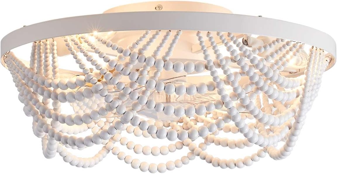 Boho Ceiling Fan with Lights Flush Mount,20 Inch Bohemia White Wood Bead Close to Ceiling Fan Light, 4 Lights Low Profile Enclosed Ceiling Fans with Remote Control for Bedroom Living Room Kitchen