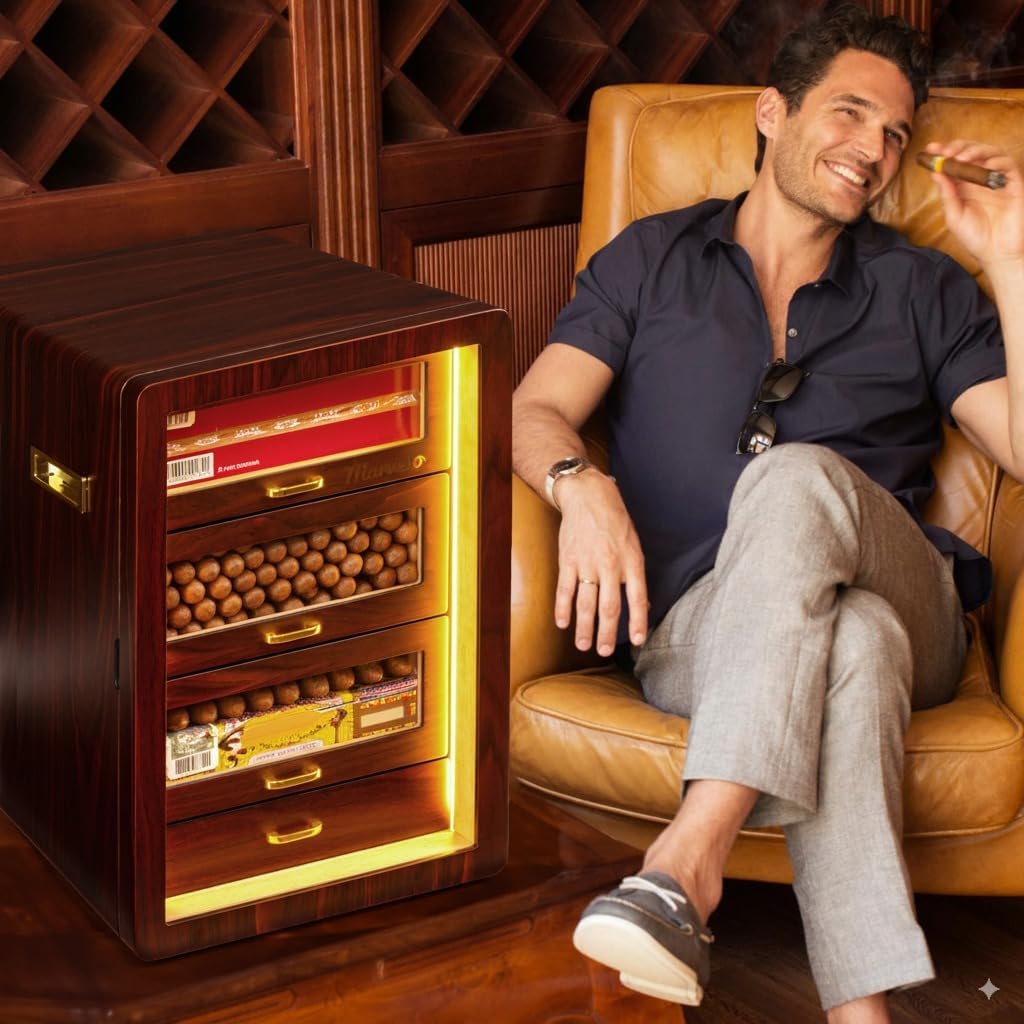 Desktop Cigar Humidor Cabinet Triple-Sided Light with Digital Hygrometer, Humidifier and Humidity Packs. 4 Cedar Wood Drawers, Cigar Humidor Box can Hold 200 Cigars. Present for Men