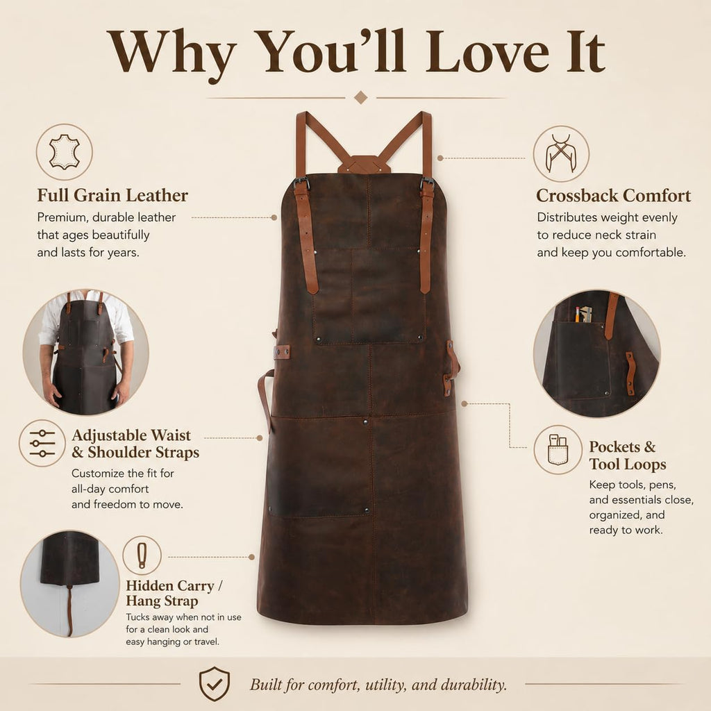 Theodore Premium Top Grain Leather Apron with Cross‑Back for Men & Women – 32.5″ × 24.5″ Heavy‑Duty BBQ, Cooking, Woodworking Apron with Two Large Tool Pockets
