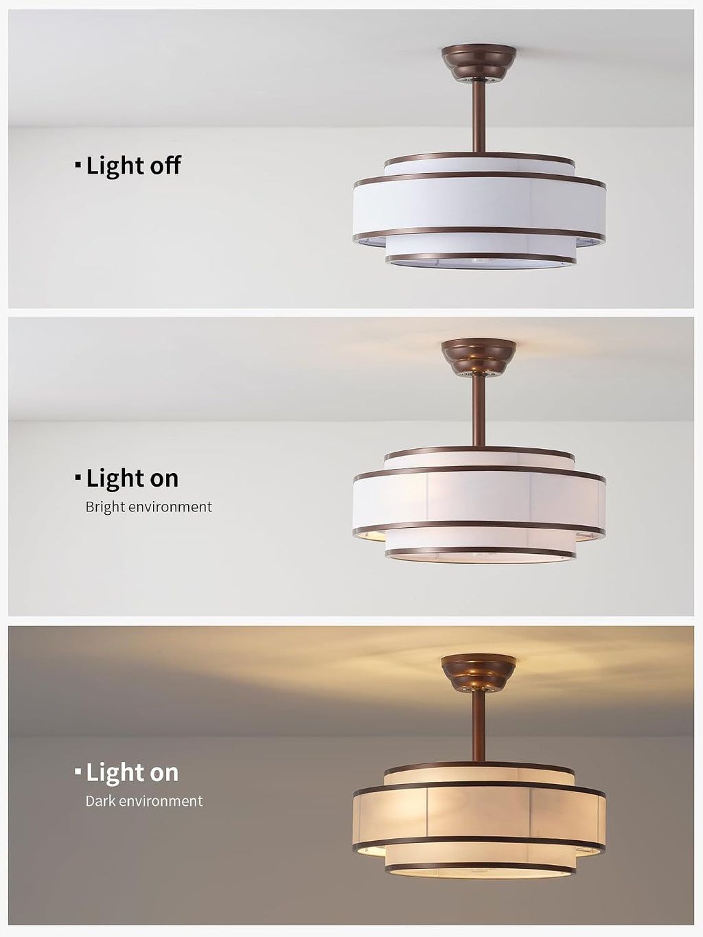 20' Caged Ceiling Fans with Lights and Remote, Fandelier Ceiling Fan with Light, Modern Bladeless Quiet Reversible Motor 6 Speeds for Bedroom, Nursery, Living Room, Brown