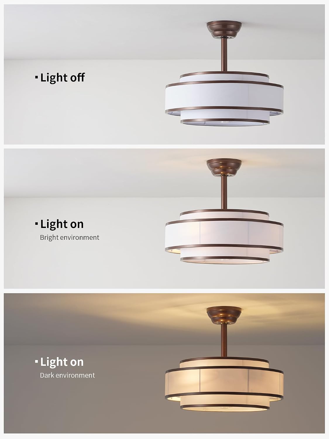 20' Caged Ceiling Fans with Lights and Remote, Fandelier Ceiling Fan with Light, Modern Bladeless Quiet Reversible Motor 6 Speeds for Bedroom, Nursery, Living Room, Brown