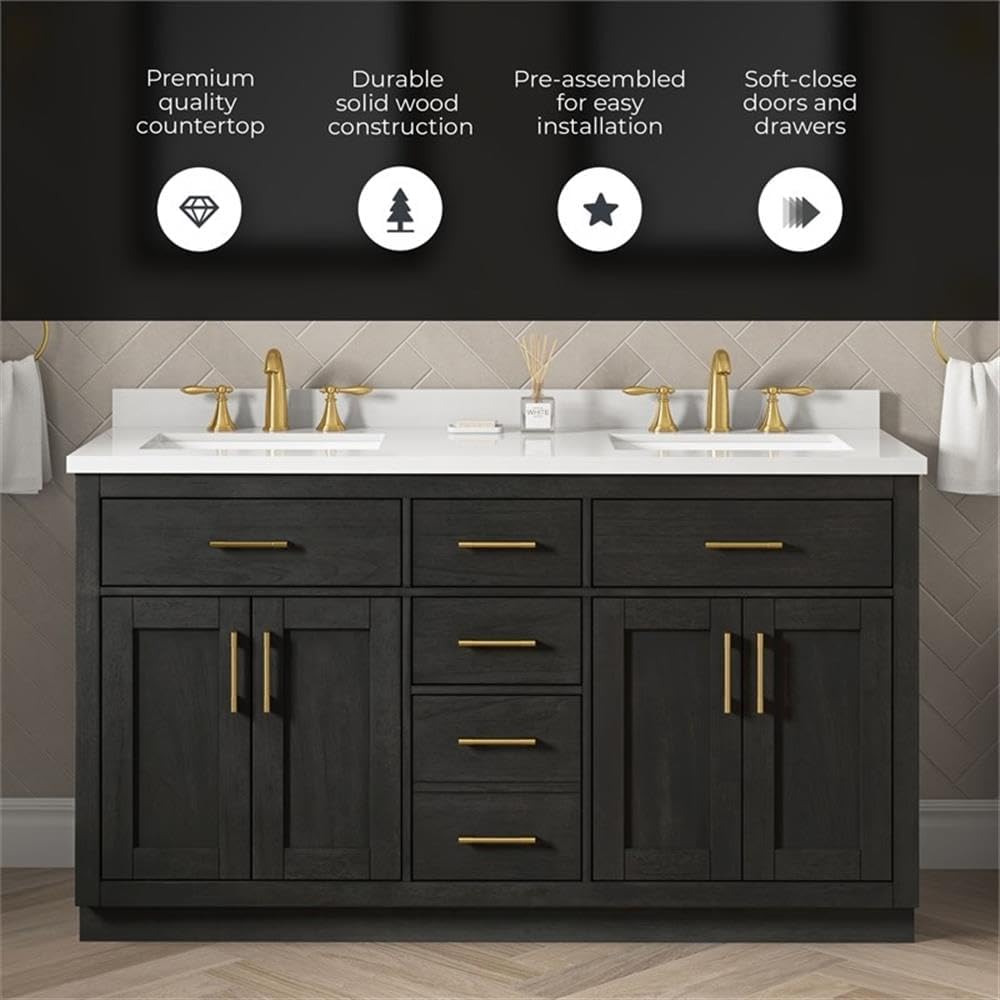 Pemberly Row 60' Double Bathroom Vanity, Matte Black Wood, White Quartz Countertop with 3' Backsplash, 2 Undermount Sinks, Shaker Style, Ample Storage, Brushed Gold Hardware for Master or Guest