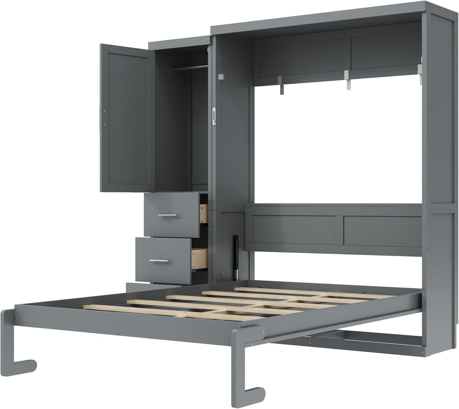 SOFTSEA Full Size Murphy Bed with Wardrobe and Drawers, Solid Wood Wall Bed Frame with Storage, Can be Folded into a Cabinet, No Box Spring Needed, Grey