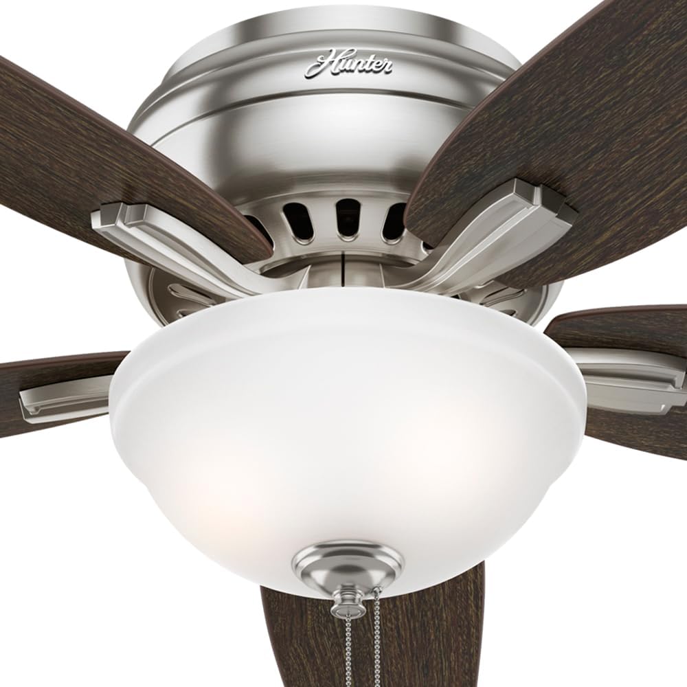 Hunter 52 inch Indoor Ceiling Fan with LED Light - Ceiling Fan with Pull Chain, For Bedroom or Living Room, Low Profile Flush Mount, No Remote, 5 Blades, Includes Bulbs- Newsome 53315, Brushed Nickel