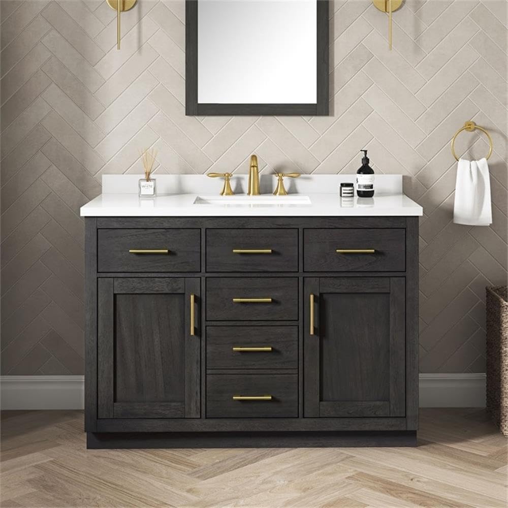 Pemberly Row 48' Freestanding Bathroom Vanity, Matte Black Solid Wood Cabinet, White Countertop with Ceramic Undermount Sink, Soft-Close Drawers, USB Ports, Adjustable Shelf, Ideal for Modern