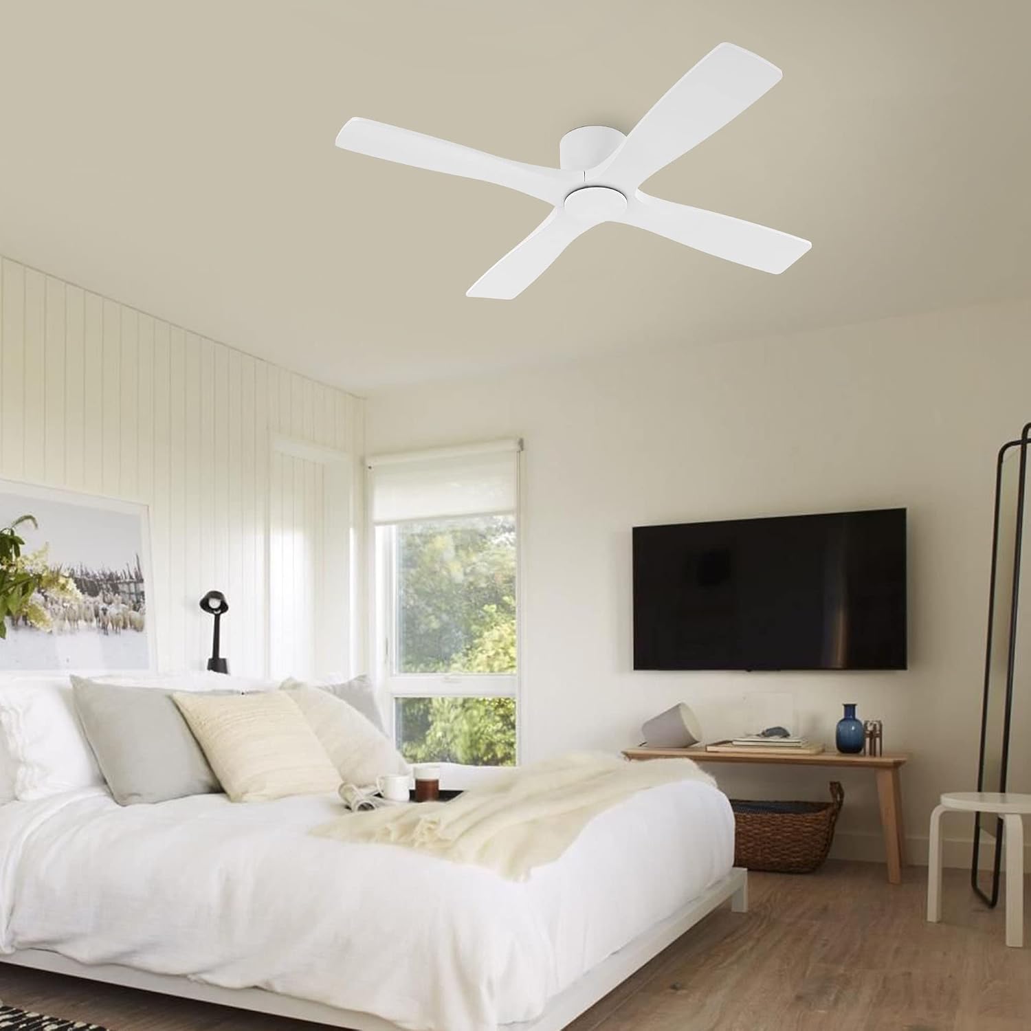 WINGBO 48 Inch Flush Mount DC Ceiling Fans without Lights, 4 Carved Solid Wood Blades, 6-Speed Reversible DC Motor, Low Profile Hugger Ceiling Fan No Lights for Indoor and Outdoor, Gloss White