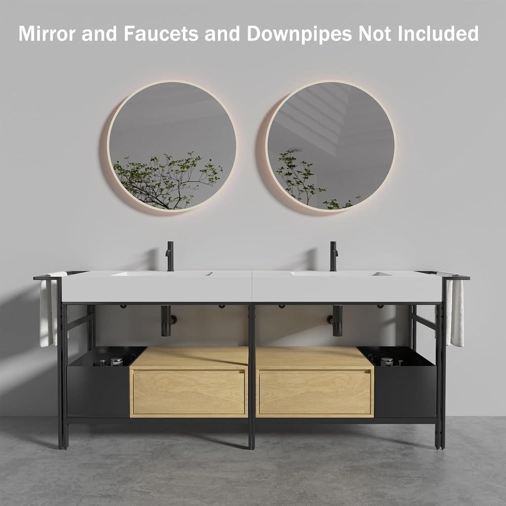 2 x 36 Inch Bathroom Vanity Set, Industrial Style Modular Bathroom Vanity with Quartz Sink Combo and Metal Frame and Drawers, Without Drainage and Faucet, Oak+White