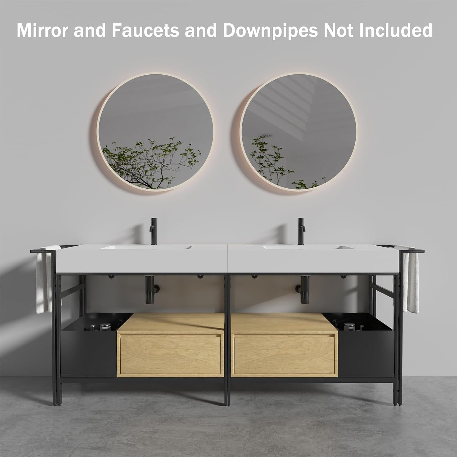 2 x 36 Inch Bathroom Vanity Set, Industrial Style Modular Bathroom Vanity with Quartz Sink Combo and Metal Frame and Drawers, Without Drainage and Faucet, Oak+White