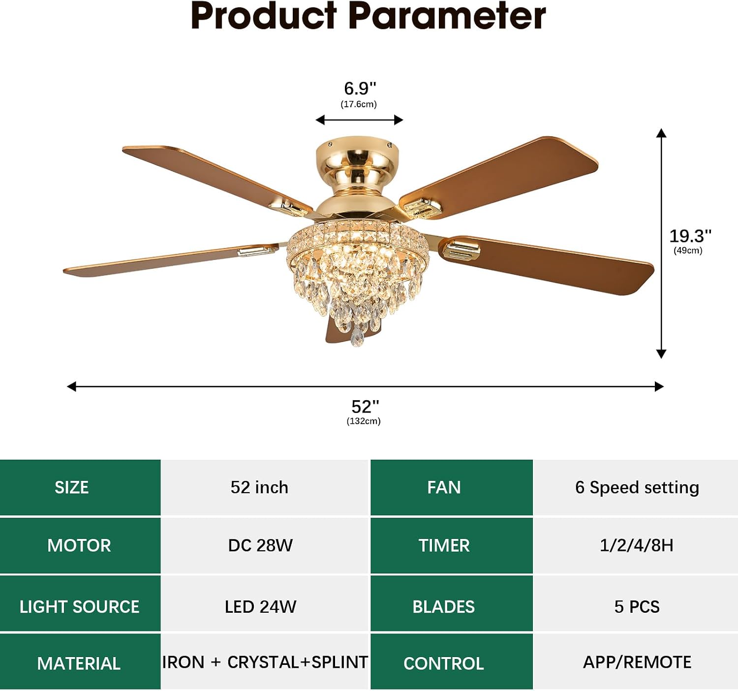 52' Crystal Ceiling Fans with RGB Lights, Remote/App Control, Luxury Fandelier Ceiling Fan Flush Mount, Reversible DC Motor, Dimmable, Bedroom Chandelier Fan, (Gold)