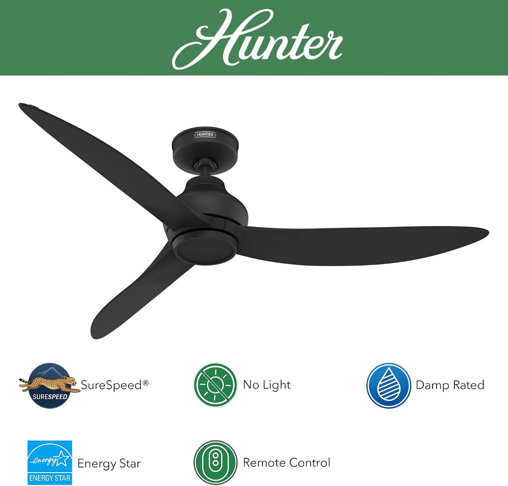 Hunter Fan Outdoor or Indoor Ceiling Fan, 52 in Black Ceiling Fan with Remote and No Light for Patios, Living Room, Bedroom, Porch, Garage (Renewed)