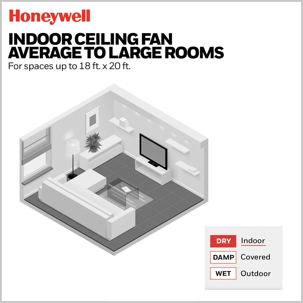 Honeywell Graceshire 52 Inch Ceiling Fan with Color Changing LED Light and Remote Control, 5 Blades, Reversible Airflow, Matte Black