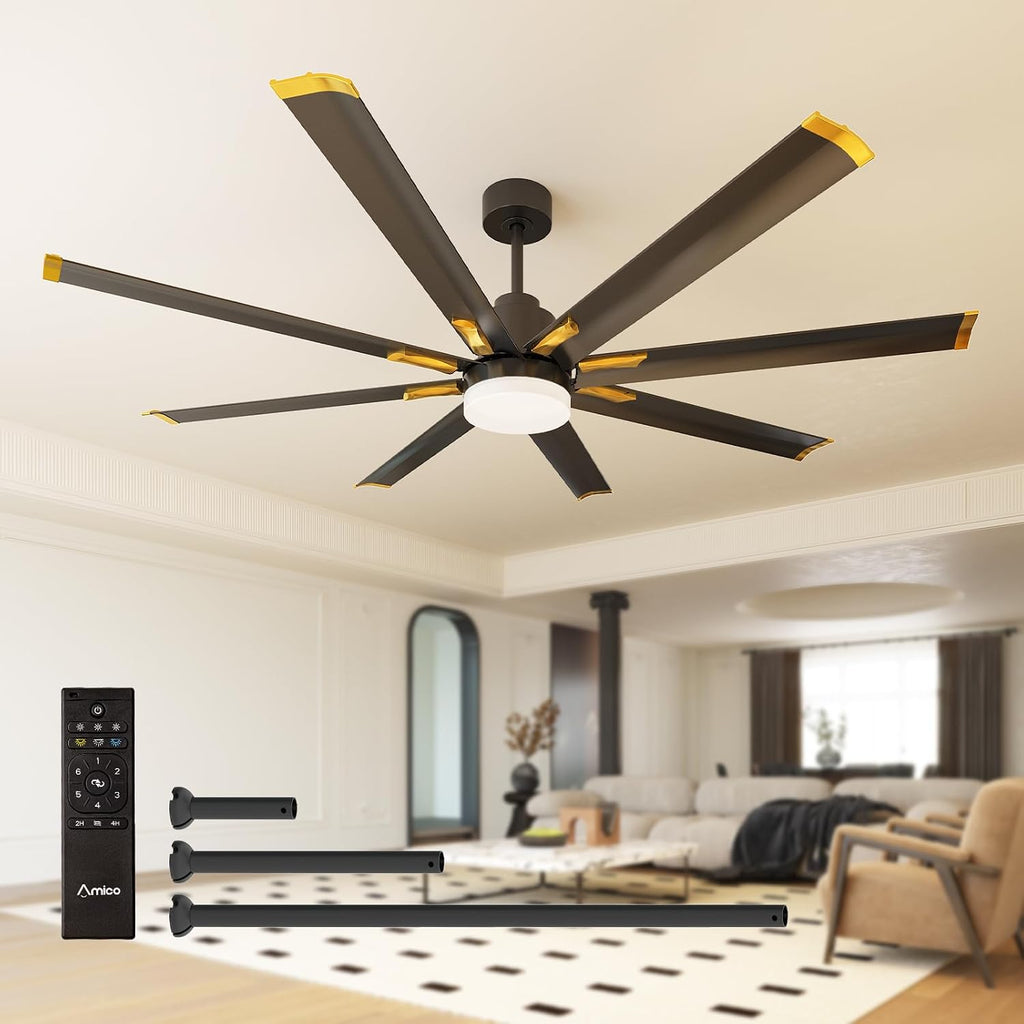 Amico 72 Inch Aluminum Ceiling Fan with Light, 8 Reversible Blades, Industrial Large Ceiling Fan with Quiet DC Motor, 6-Speed Remote Control, Indoor/Outdoor for Porch/Garage/Shop, Black