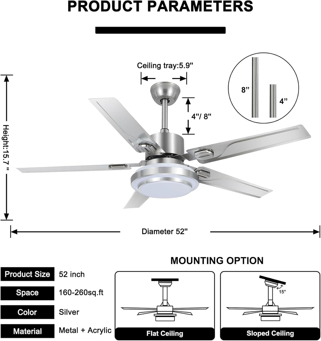 Outdoor Ceiling Fan Light, Remote Control Patio Ceiling Fan with 5 Reversible Stainless Steel Blades, 52 inch with LED Light for Pavilion, Warehouse Ceiling Fans, farm Fan Barn Fan (52 inch)