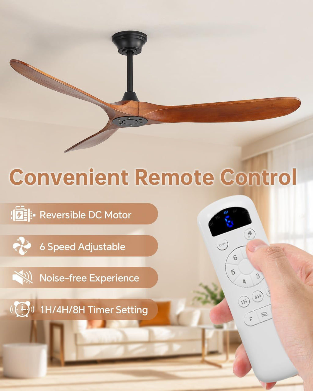 Sofucor 60 Inch Ceiling Fans No Light-Outdoor Ceiling Fan with Remote Control, Quiet DC Motor, 3 Blades Modern Solid Wood Ceiling Fan Without Light for Indoor Bedroom Living Room Patios Farmhouse