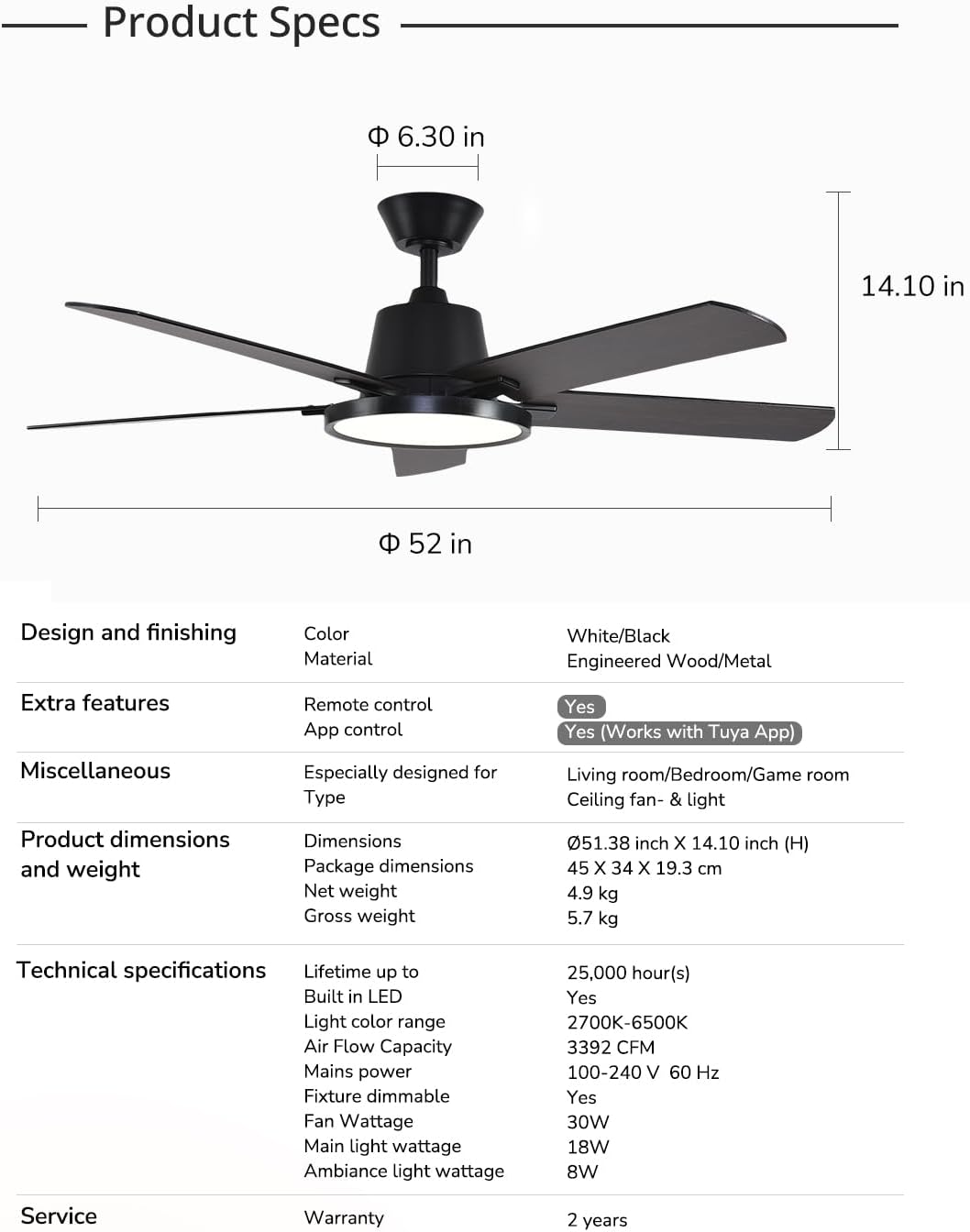 Orison Ceiling Fans with Lights, 52 inch Low Profile Ceiling Fan with RGB Backlight, Flush Mount Ceiling Fan with Remote and App Control,White Bedroom Fan, 6 Speeds, 5 Reversible Blades (Black RGB)