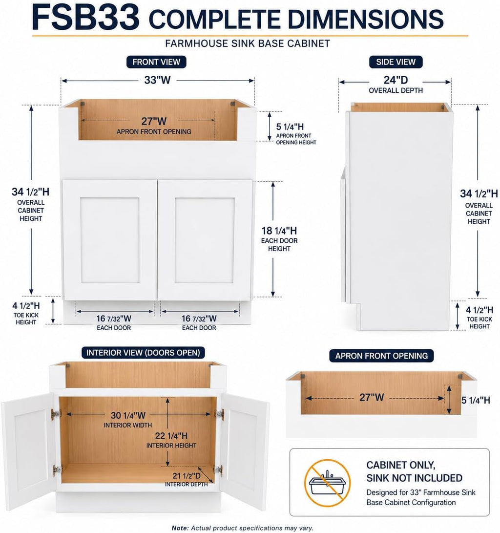33 Inch RTA Kitchen Sink Base Cabinet - Solid Wood Shaker Style Farmhouse Cabinet with Soft Close Doors, Fits 24-30 Inch Undermount Sinks, Ready to Assemble (White)