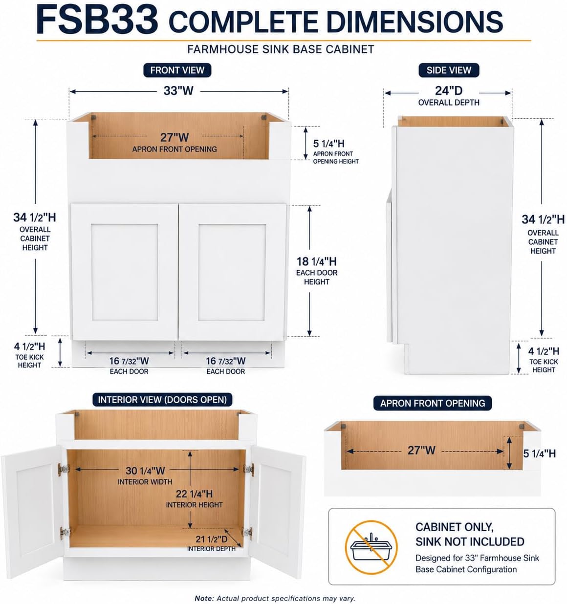 33 Inch RTA Kitchen Sink Base Cabinet - Solid Wood Shaker Style Farmhouse Cabinet with Soft Close Doors, Fits 24-30 Inch Undermount Sinks, Ready to Assemble (White)