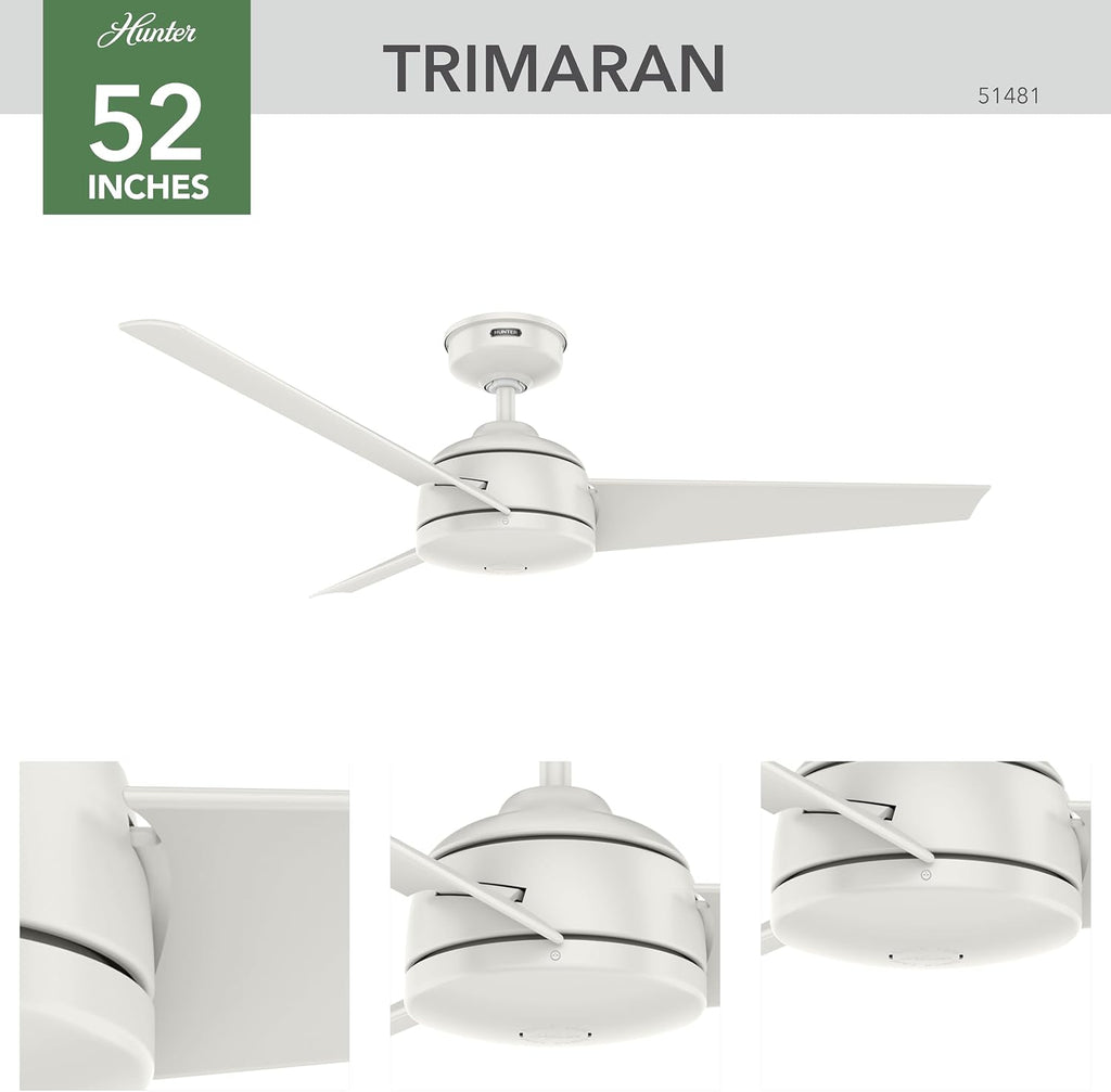 Hunter 52 inch Outdoor or Indoor Ceiling Fan No Light - White Ceiling Fan without Light, For Patio, Porch, Garage, or Living Room, Standard Mount, 3 Blades, Wall Control - Trimaran 59610, Fresh White