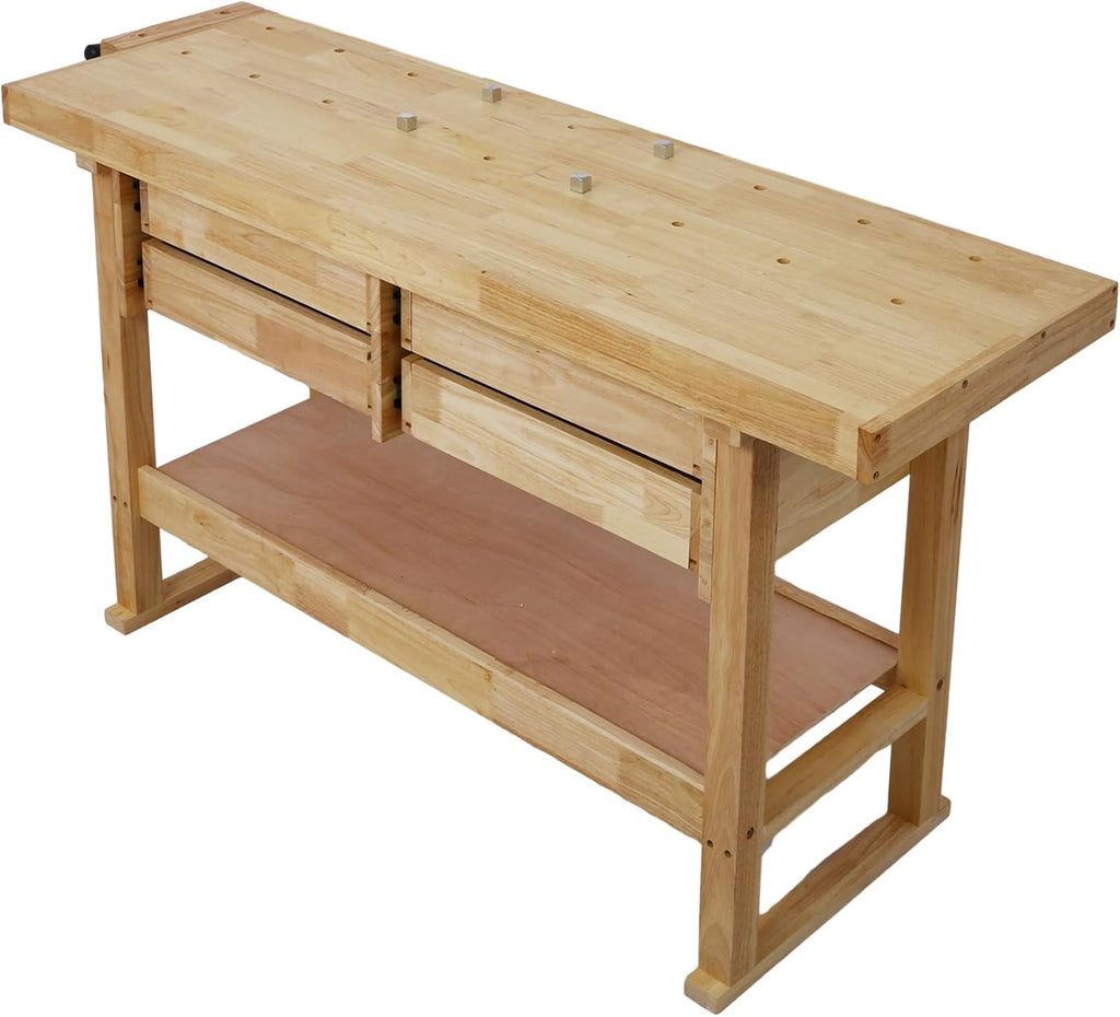 Gecheer 60-inch Wooden Workbench with 4 Drawers, Heavy-Duty Rubberwood Garage Work Table, Includes 4 Bar Clamps (12' & 16')
