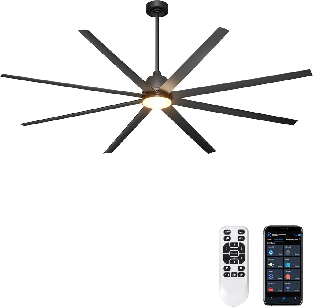 96' Industrial Ceiling Fans with Lights, Large Ceiling Fan with Remote/APP Control, Outdoor Ceiling Fans with 8 Blades, 3CCT, DC motor for Commercial Shop Garage Warehouse Black