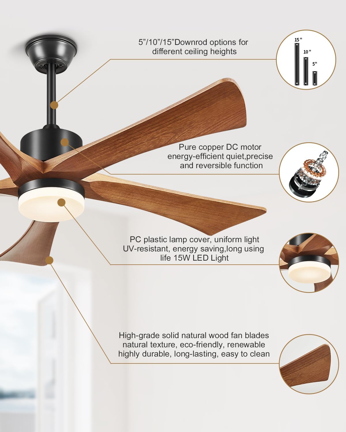 Ceiling Fans with Lights and Remote, 52 Inch Outdoor Fans for Patios, USA Original Patent, ETL Listed, 3 Downrods, 5 Blades, 6 Speeds Reversible Noiseless DC Motor Wood Fans for Farmhouse, 52', Walnut