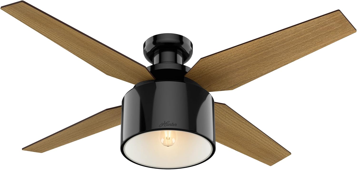 Hunter 52 inch Indoor Ceiling Fan with LED Light and Remote Control - Black Modern Ceiling Fan, Low Profile Mount, 4 Blades, For Bedroom, Living Room, or Kitchen, Quiet - Cranbrook 59259, Gloss Black