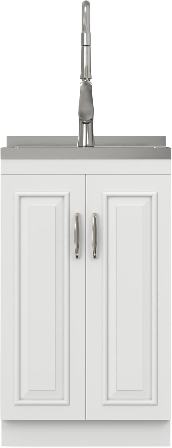 SIMPLIHOME Darwin All-in-One 20 inch Wide Utility Sink and Laundry Cabinet in Pure White Finish, Transitional Stainless Steel Sink Cabinet for Laundry Rooms with High-Arch Chrome Faucet and Storage