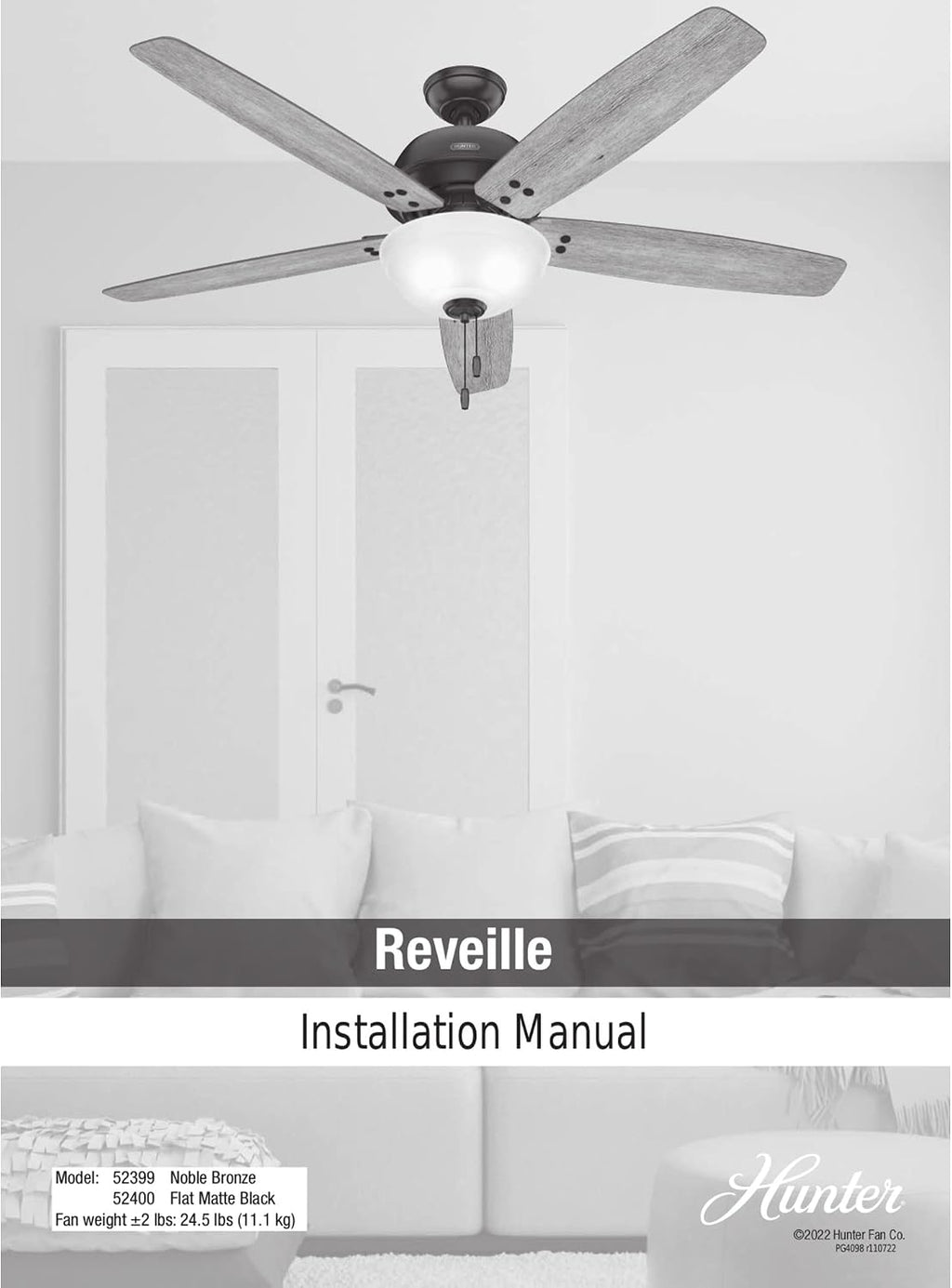 Hunter 60 inch Indoor Ceiling Fan with LED Light - Black Ceiling Fan with Pull Chain, for Bedroom or Living Room, Standard Mount, No Remote, 5 Blades, Includes Bulbs - Reveille 52400, Matte Black