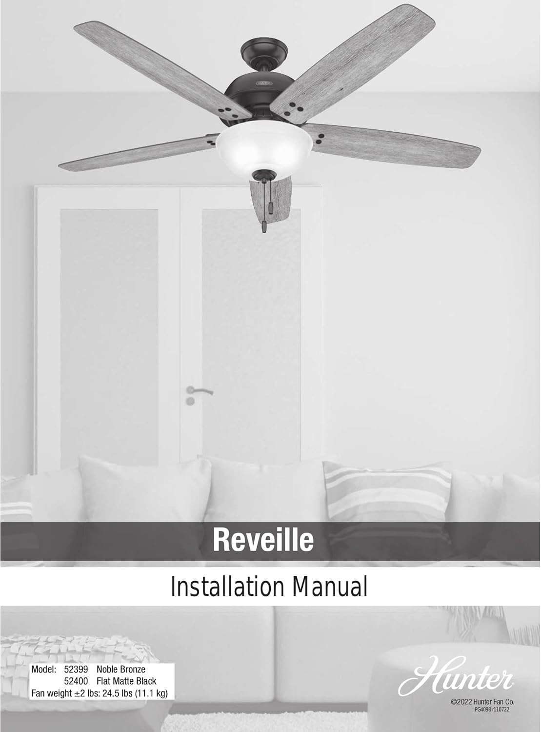 Hunter 60 inch Indoor Ceiling Fan with LED Light - Black Ceiling Fan with Pull Chain, for Bedroom or Living Room, Standard Mount, No Remote, 5 Blades, Includes Bulbs - Reveille 52400, Matte Black