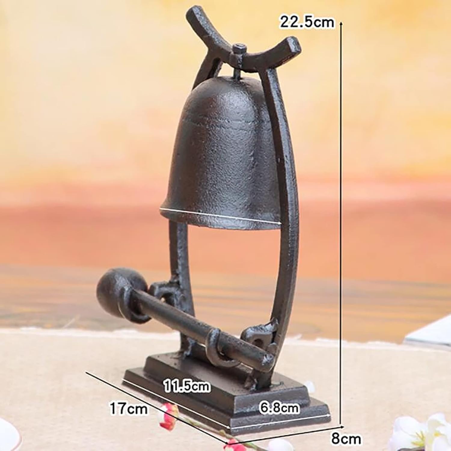 RAN Outdoor Dinner Bells with Mallet, Tabletop Hand Bell on Stand, Made of Cast Iron, Indoor Outdoor Desktop Decoration (Color : Black, Size : 6.7' x 3.1' x 8.9')