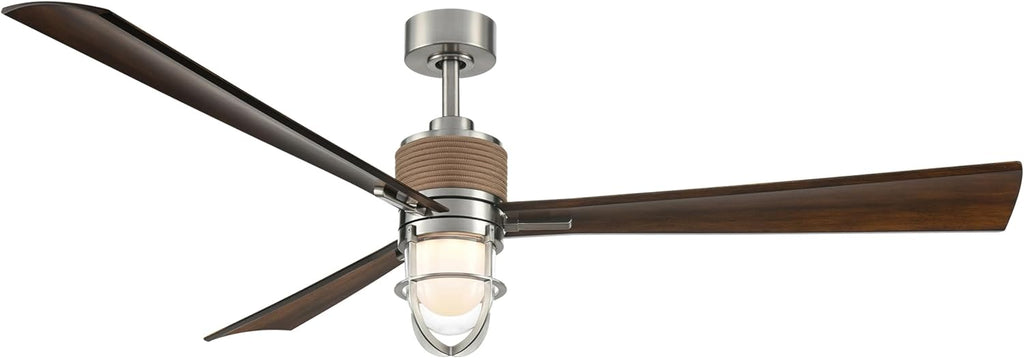 MINKA-AIRE F768L-BNW/DK Nauticus 65' 3-Blade LED Smart Indoor/Outdoor Ceiling Fan in Brushed Nickel Wet and Distressed Koa Blades with Clear Glass