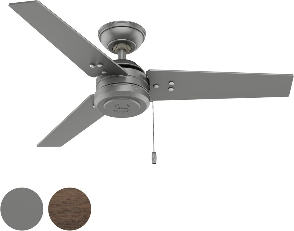 Hunter Fan 44 inch Contemporary Matte Silver Outdoor Ceiling Fan with Pull Chain (Renewed)
