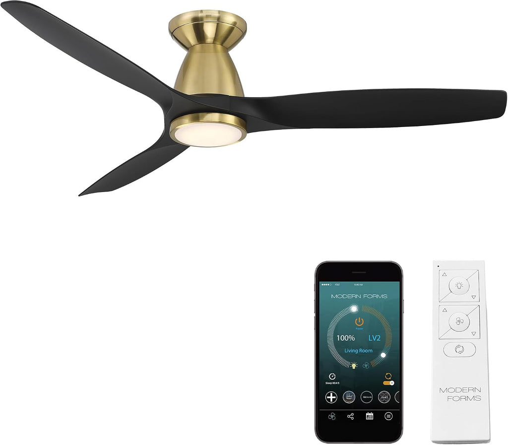 Skylark Smart Indoor and Outdoor 3-Blade Flush Mount Ceiling Fan 54in Satin Brass Black Adjustable CCT 2700K-3000K-4000K-5000K LED Light Kit and Remote Control works with Alexa and iOS or Android App