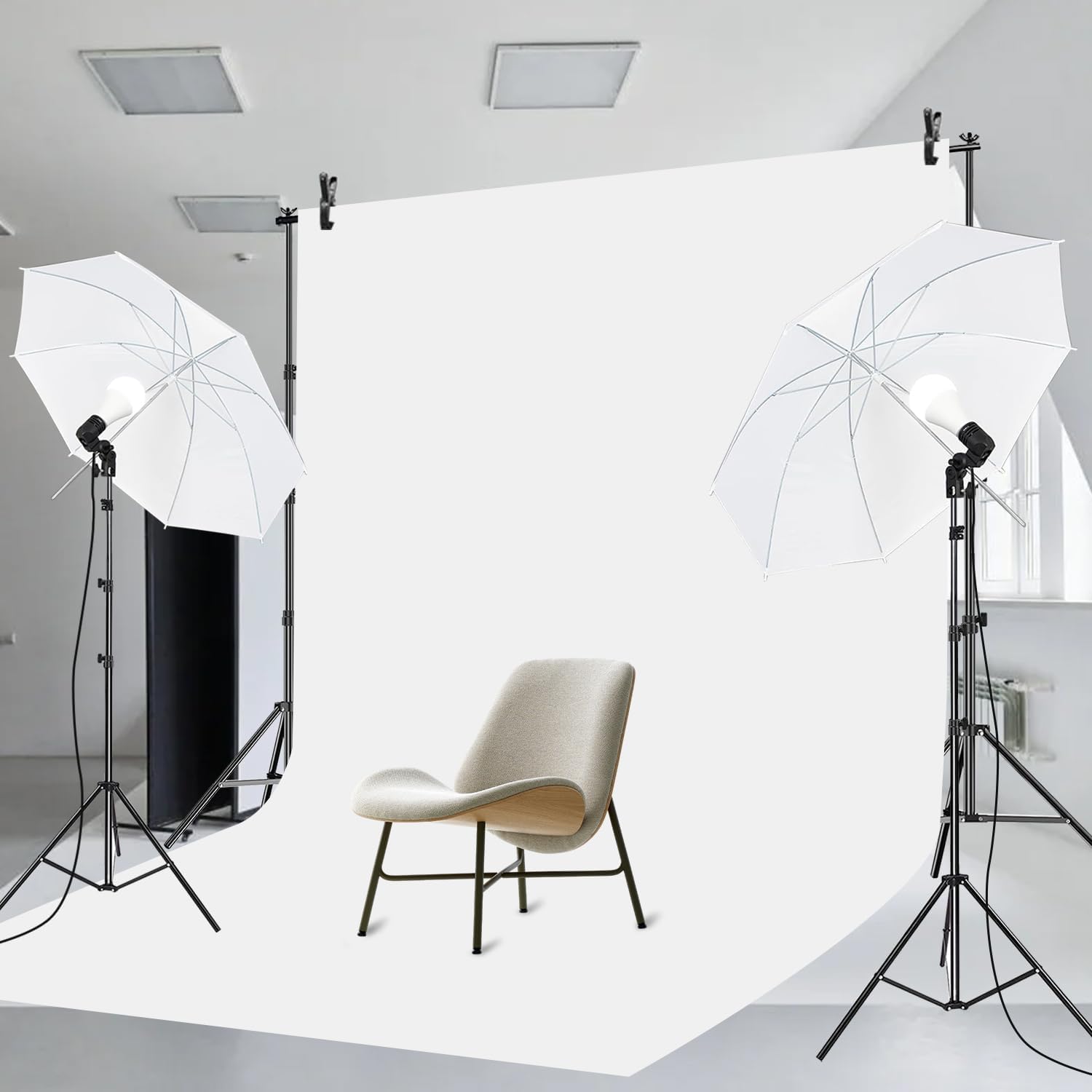 SLOW DOLPHIN 10 x 8.5 ft Photography Photo Video Studio Background Stand Support Kit with Muslin Backdrop (White Black), 5500K 85W LED Blub, Umbrella Lighting Kit for Studio, Portrait, Video Shooting