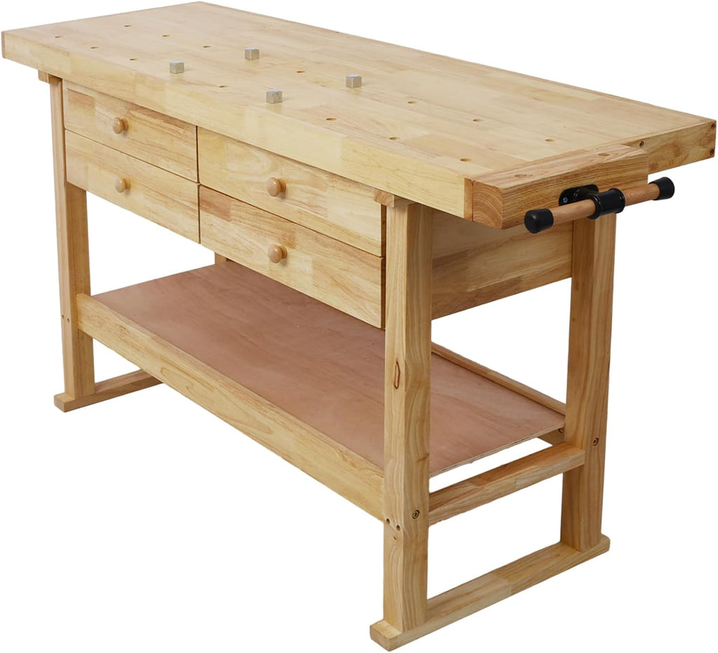 Gecheer 60-inch Wooden Workbench with 4 Drawers, Heavy-Duty Rubberwood Garage Work Table, Includes 4 Bar Clamps (12' & 16')