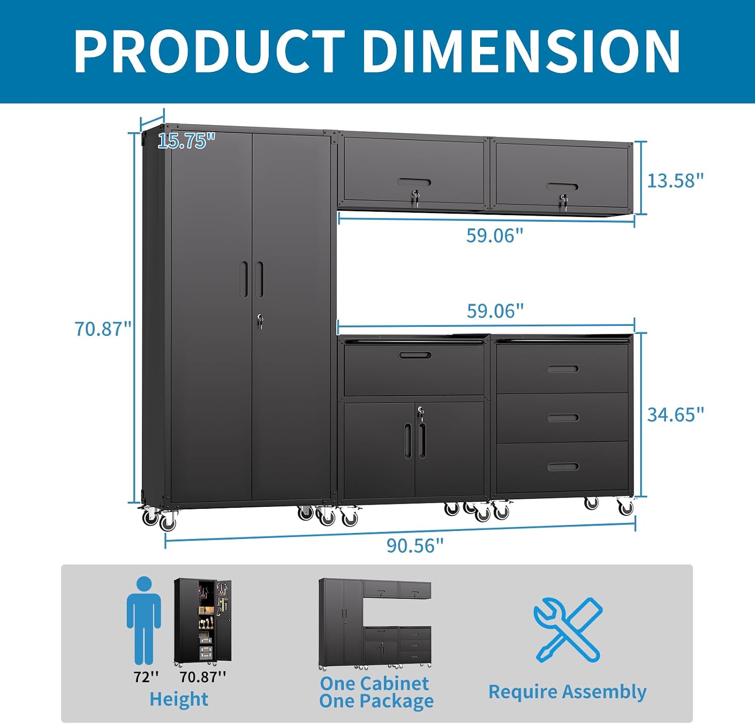 5 PCS Garage Storage Cabinets System Heavy Duty Workshop Set with Drawers Locking Rolling Cart with Adjustable Shelves Garage Tool Workbench Cabinets (5 PCS-2,Black)
