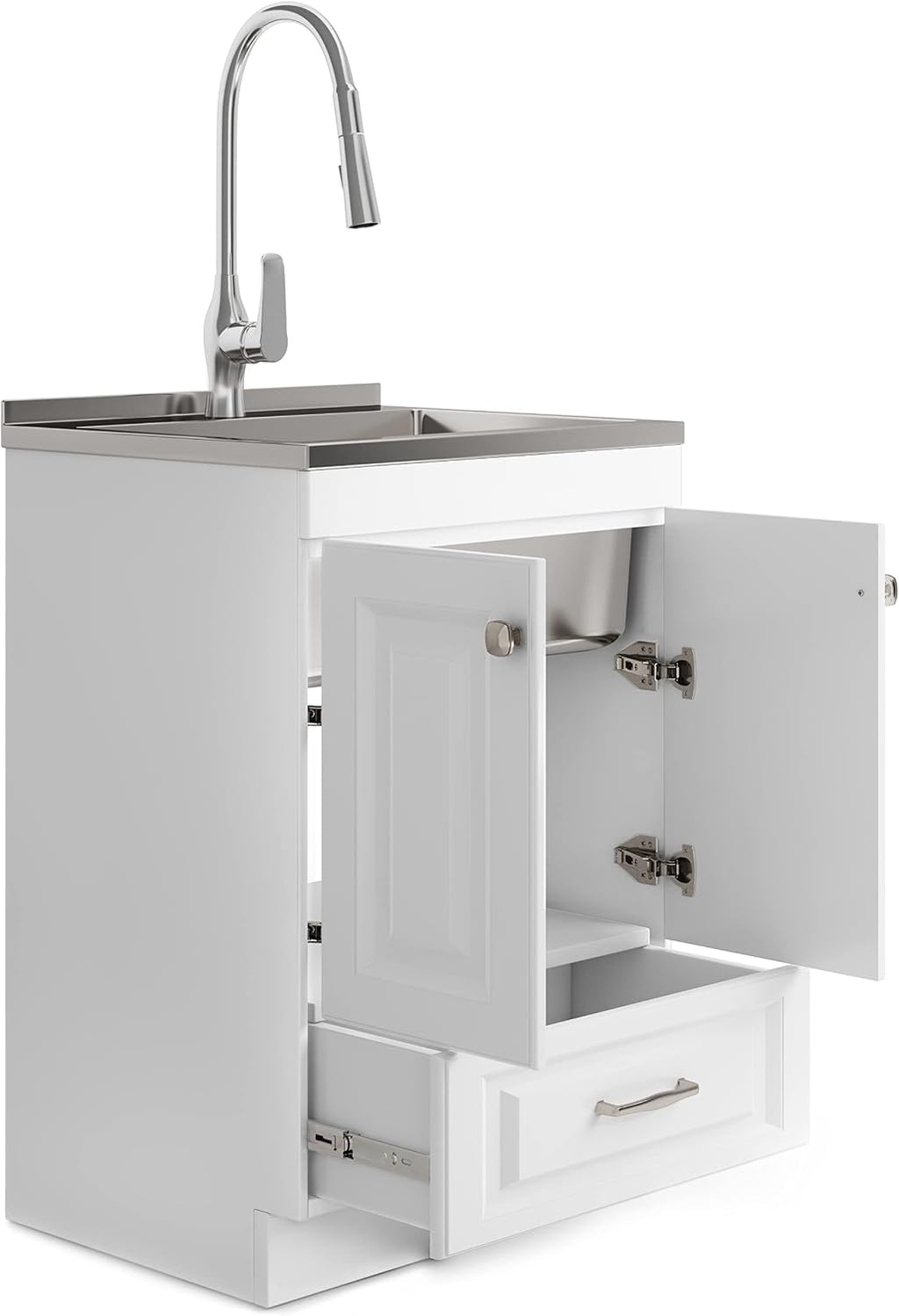 SIMPLIHOME Lawrence All-in-One 24 inch Wide Utility Sink and Laundry Cabinet in Pure White Finish, Transitional Stainless Steel Sink Cabinet for Laundry Rooms with High-Arch Brushed Nickel Faucet