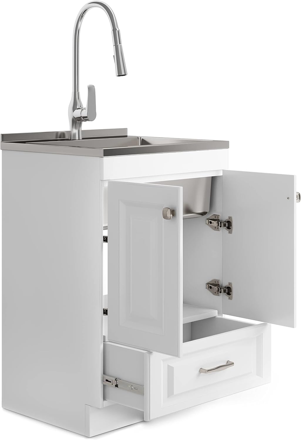 SIMPLIHOME Lawrence All-in-One 24 inch Wide Utility Sink and Laundry Cabinet in Pure White Finish, Transitional Stainless Steel Sink Cabinet for Laundry Rooms with High-Arch Brushed Nickel Faucet
