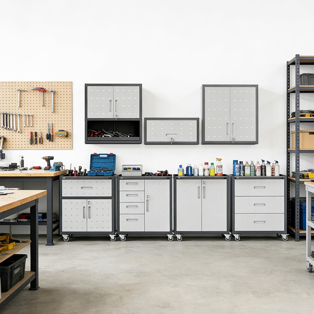 Garage Storage Cabinet System 4pcs Heavy Duty Workshop Set Lockable Rolling Tool Cabinets with Adjustable Shelves Metal Garage Storage Cabinets