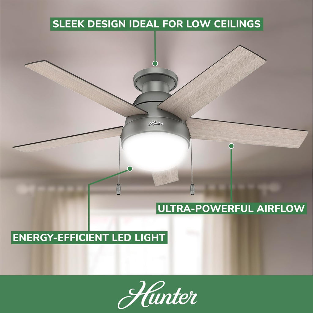 Hunter 46 inch Indoor Ceiling Fan with LED Light - Ceiling Fan with Pull Chain, For Bedroom, Living Room, or Kitchen, Low Profile Mount, No Remote, 5 Blades - Anslee 59270, Matte Silver