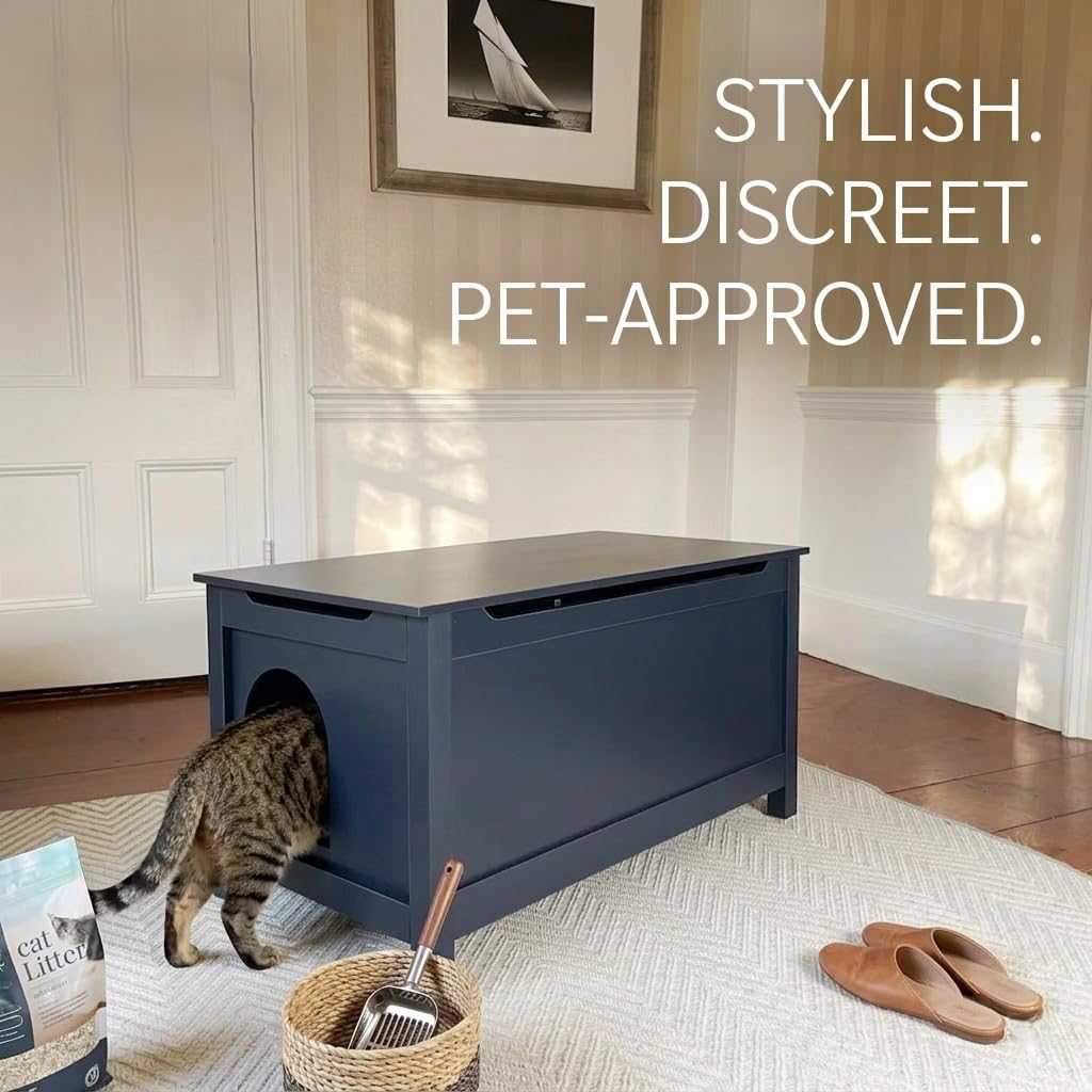 Parker Designer Catbox Modern Wood Cat Litter Box Enclosure Pet Furniture, Elegant, Odor Contained for Large Cats, Charcoal
