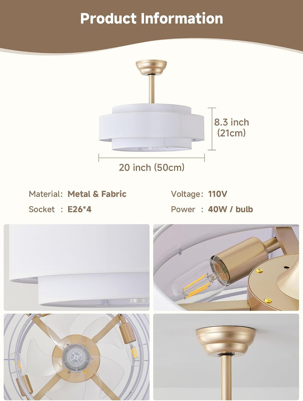 20' Boho Fandelier Ceiling Fan with Light, Caged Gold Fandelier Ceiling Fans with Lights Remote Control with 6 Speeds for Bedroom, Nursery, Living Room
