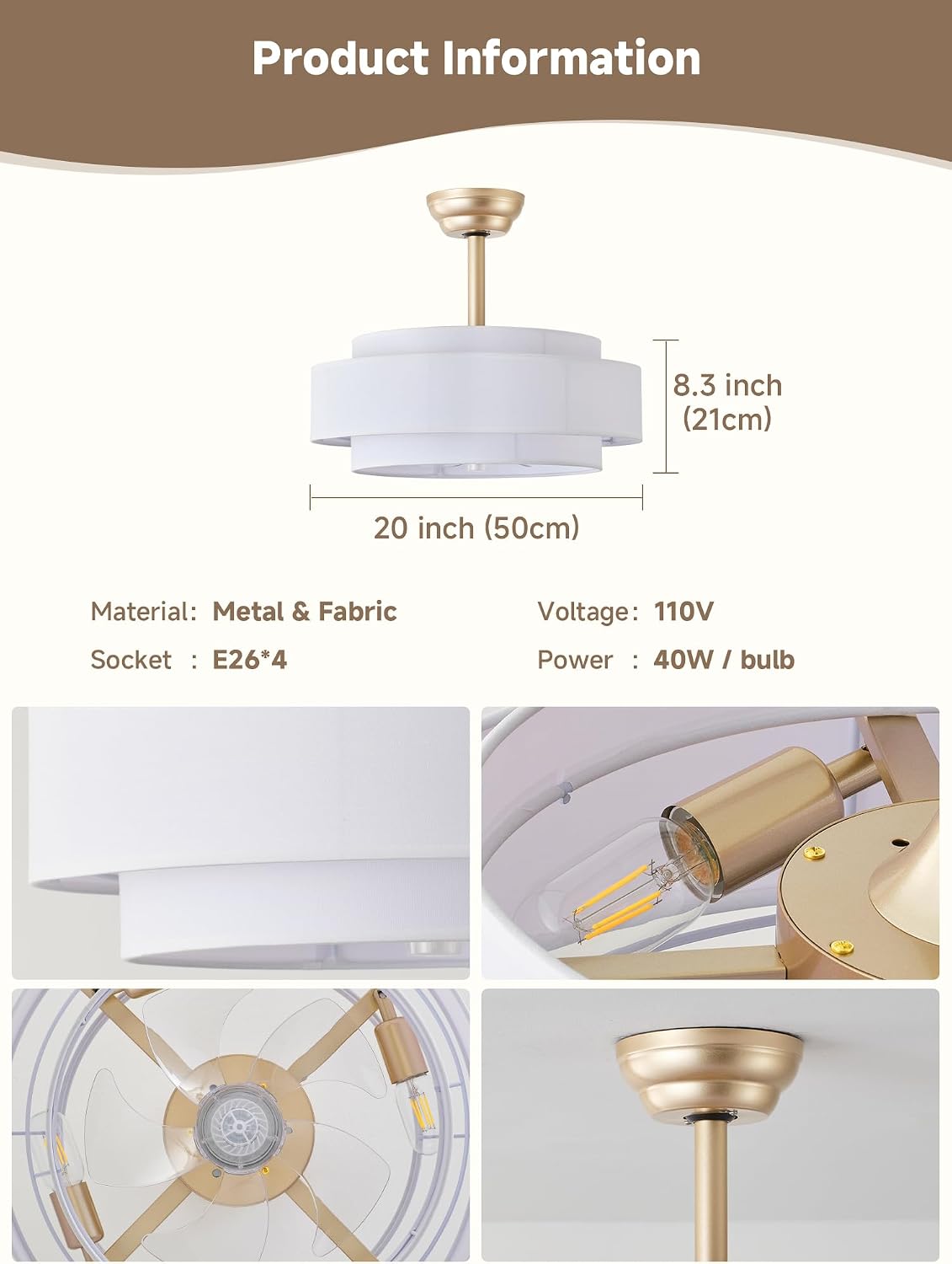 20' Boho Fandelier Ceiling Fan with Light, Caged Gold Fandelier Ceiling Fans with Lights Remote Control with 6 Speeds for Bedroom, Nursery, Living Room
