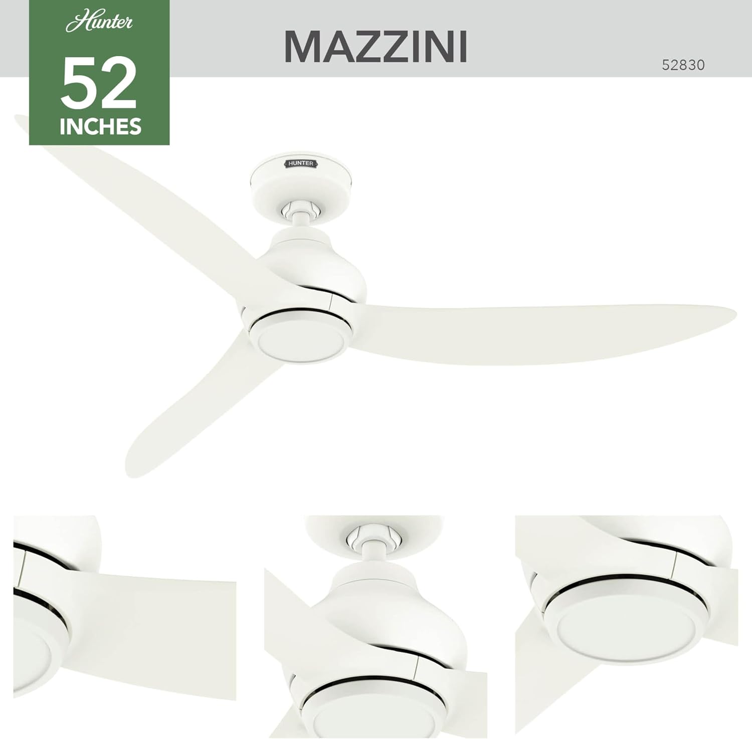 Hunter - Mazzini Indoor/Outdoor Ceiling Fan, Remote, 52-inch, Matte White, Casual-style, 6-speed DC Motor, Energy Star, 52830, for porches, patios, sunrooms, bathrooms
