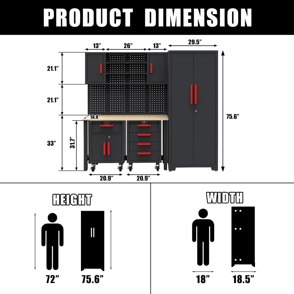6Piece Garage Storage Cabinet System, Garage Cabinets and Storage System Workshop Set with Steel Cabinet, Cabinet Drawers, Workbench, Pegboard for Tool Organization